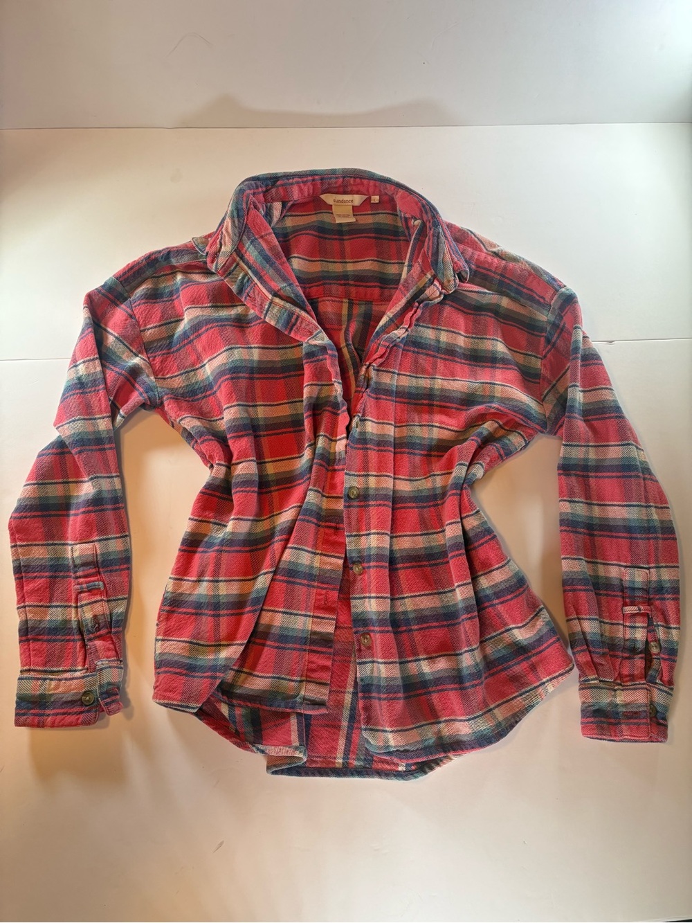 Sundance Women's Long Sleeve Plaid Flannel Button Front Shirt Pink Blue Size L